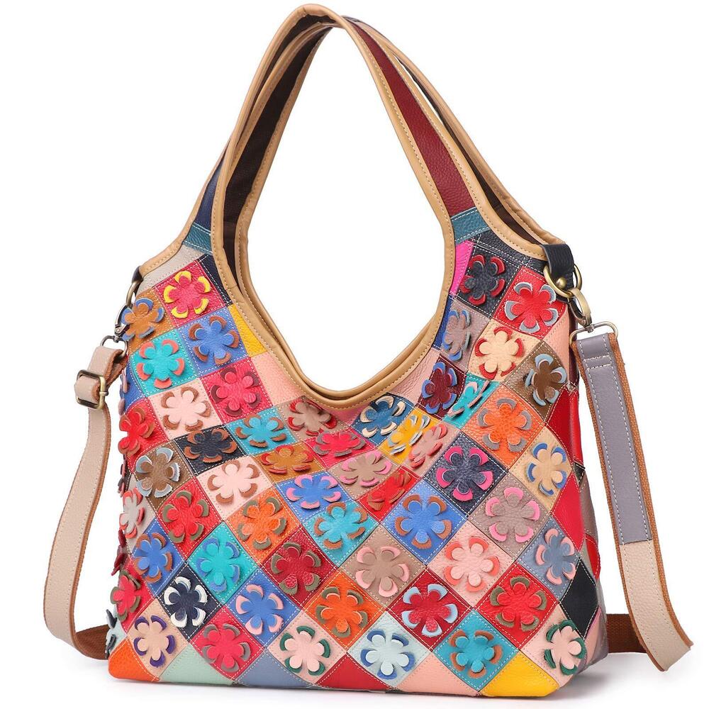4963 Multicoloured Handbag Leather Purses Colorful Flower Stitching